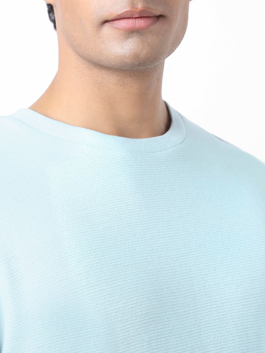 Men's Pastel Blue Textured Round Neck Oversized Full Sleeve Cotton T-Shirt