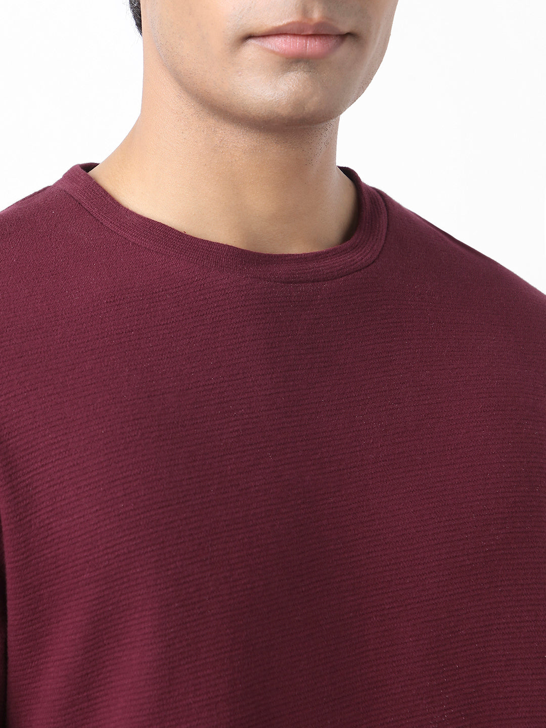 Men's Plum Textured Round Neck Oversized Full Sleeve Cotton T-Shirt
