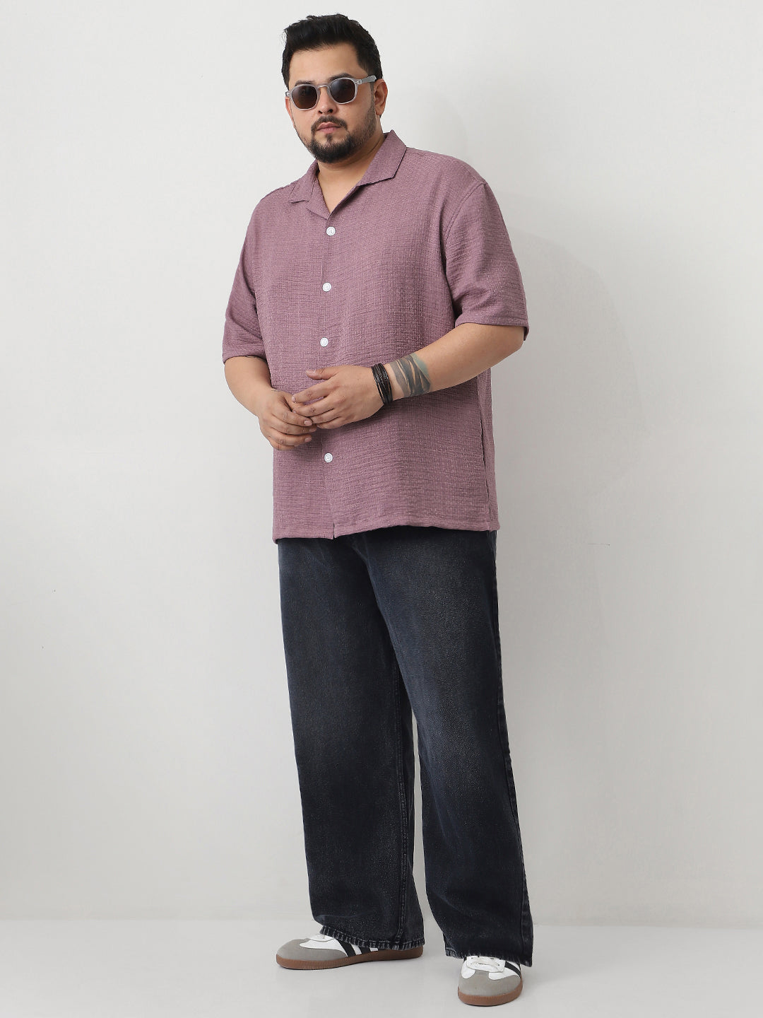 Plus Men's Purple Cotton Half Sleeve Oversized Fit Textured Shirt with Cuban Collar