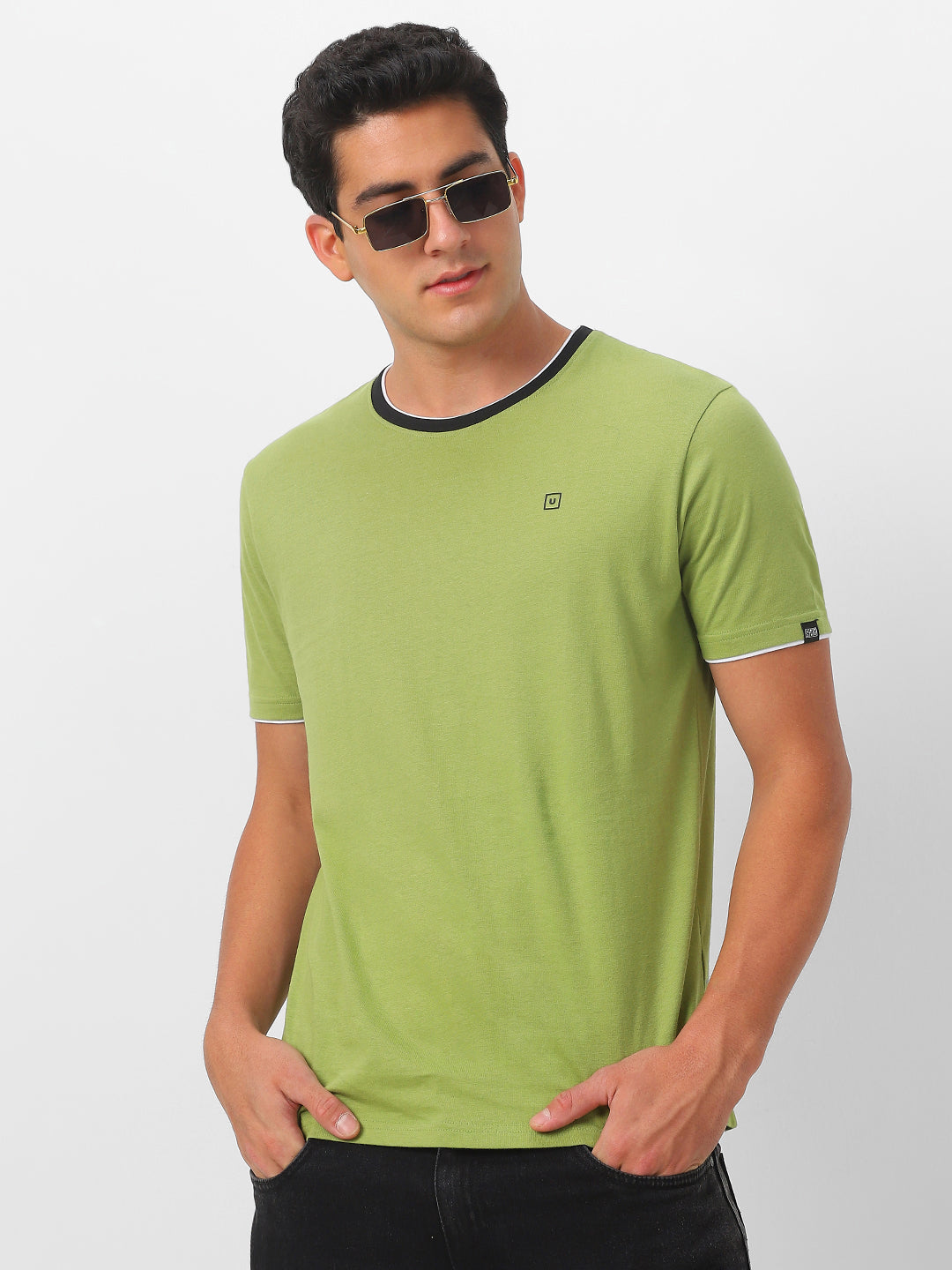 Men's Solid Olive Round Neck Half Sleeve Slim Fit Cotton T-Shirt