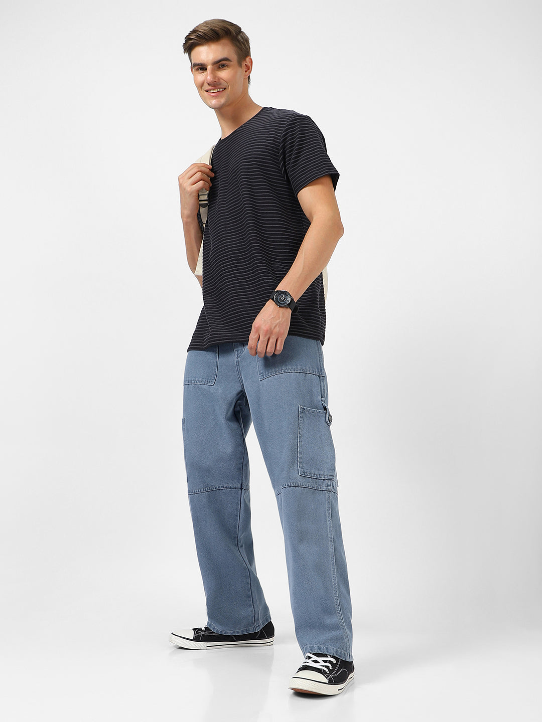 Men's Light Grey Loose Baggy Fit Washed Cargo Jeans with 6 Pockets Non-Stretchable