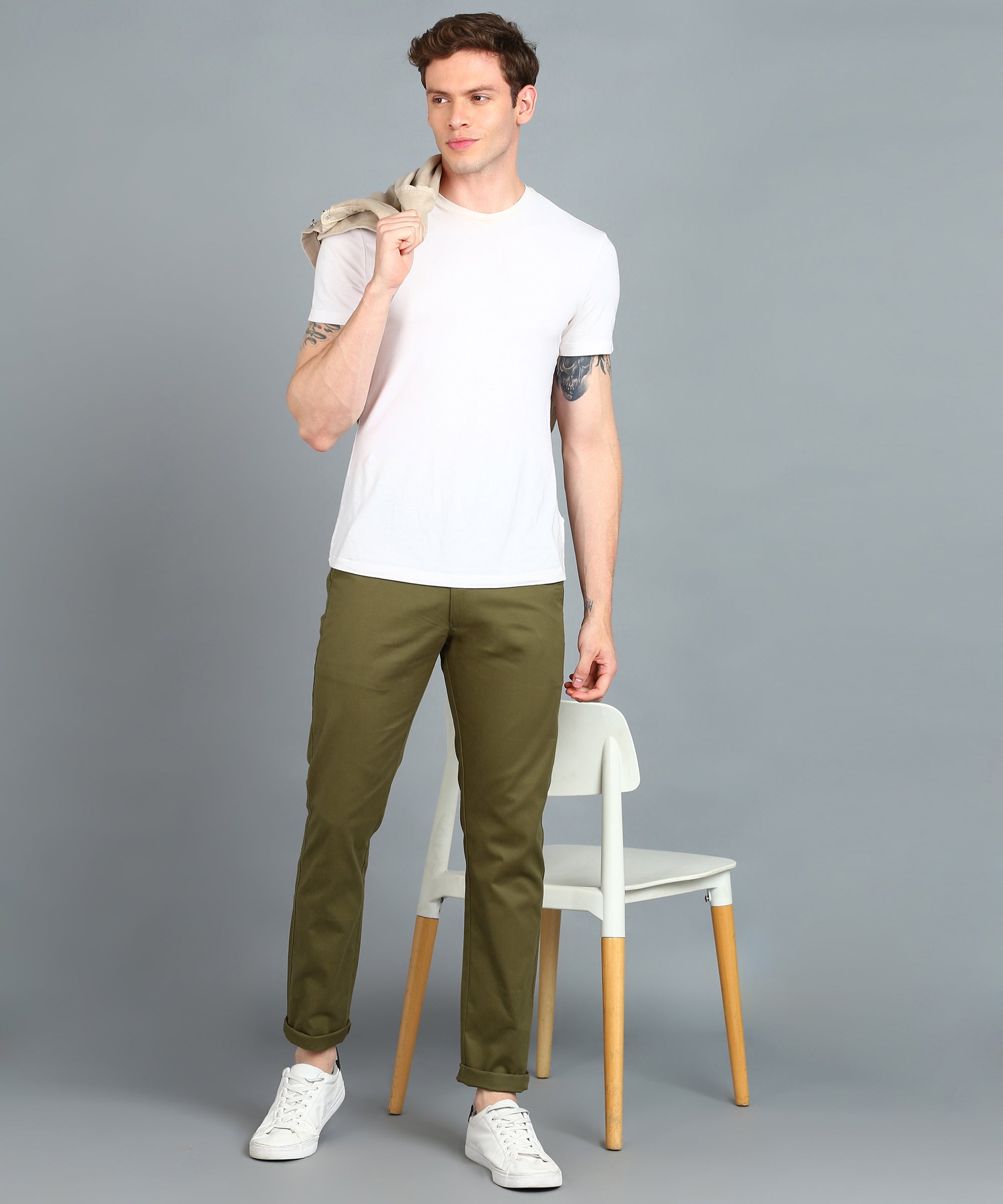 Men's Green Cotton Slim Fit Casual Chinos Trousers