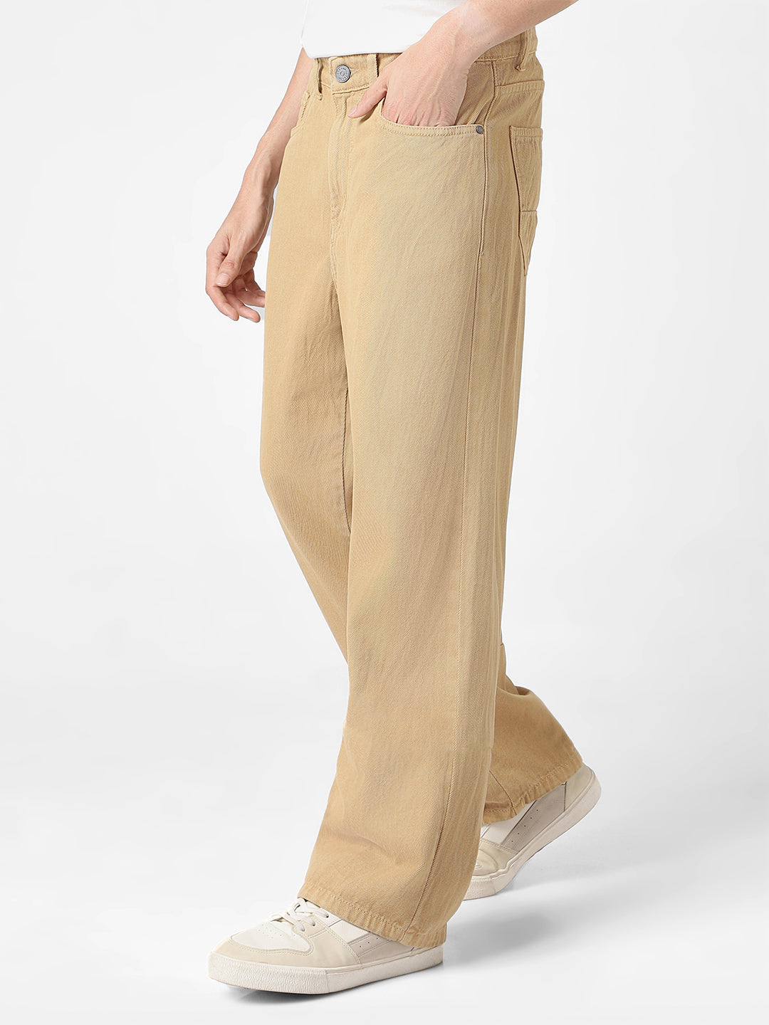 Men's Beige Loose Baggy Fit Washed Jeans Non-Stretchable