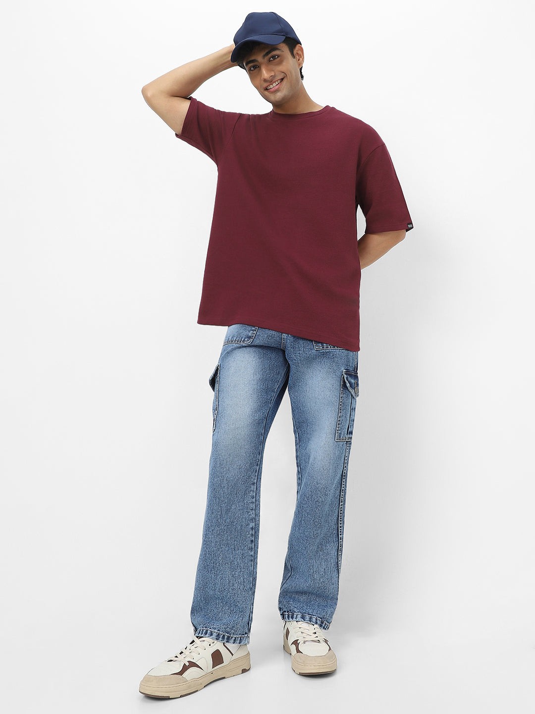 Men's Plum Textured Round Neck Oversized Half Sleeve Cotton T-Shirt