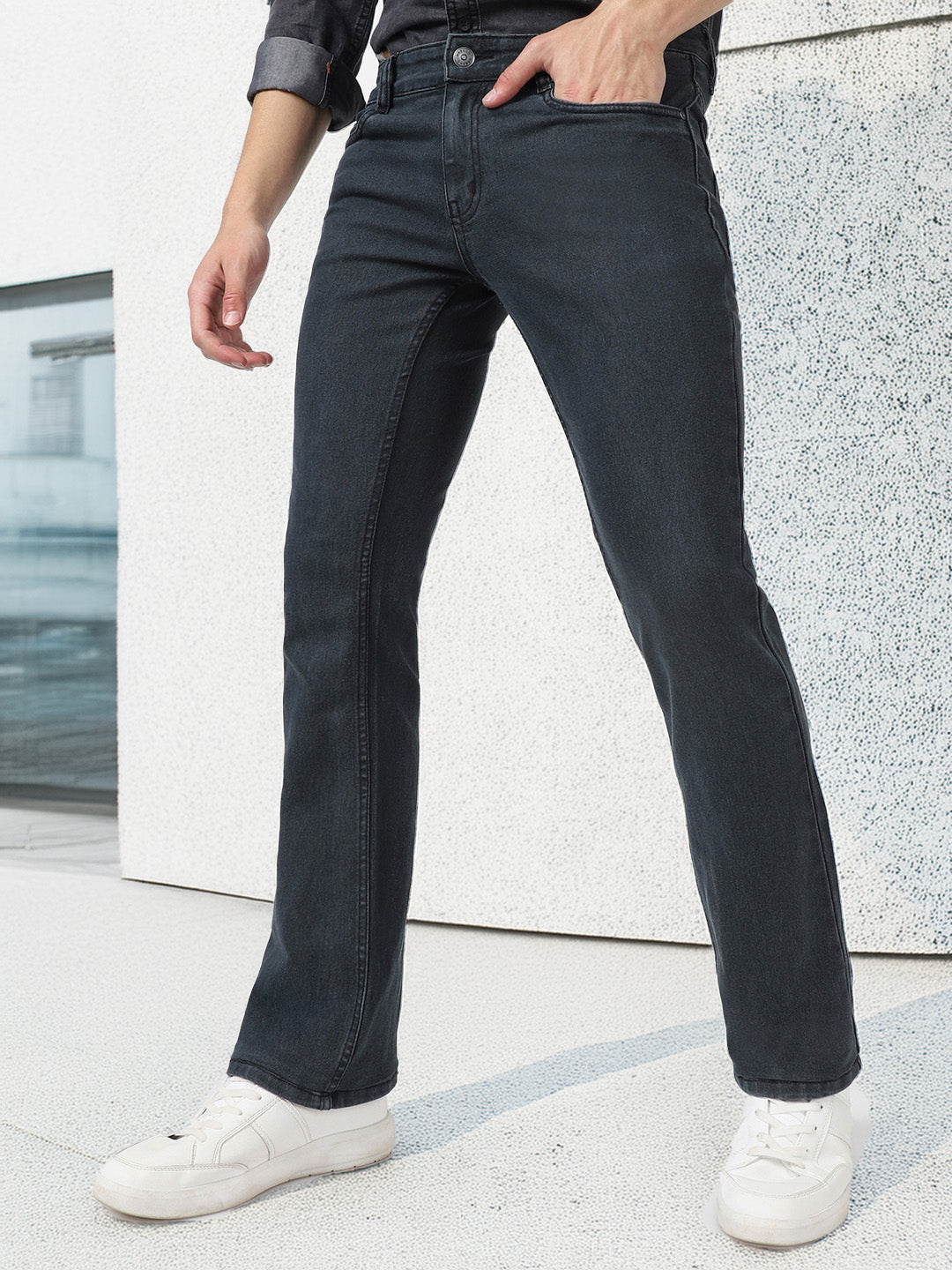 Men's Dark Grey Washed Bootcut Jeans Stretchable