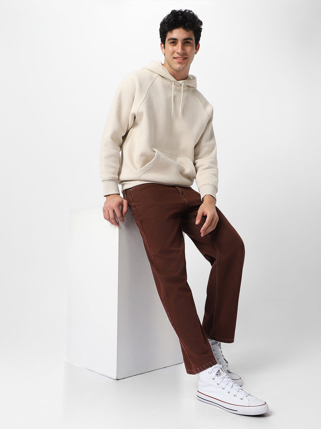 Men's Brown Loose Fit Washed Jeans Non-Stretchable