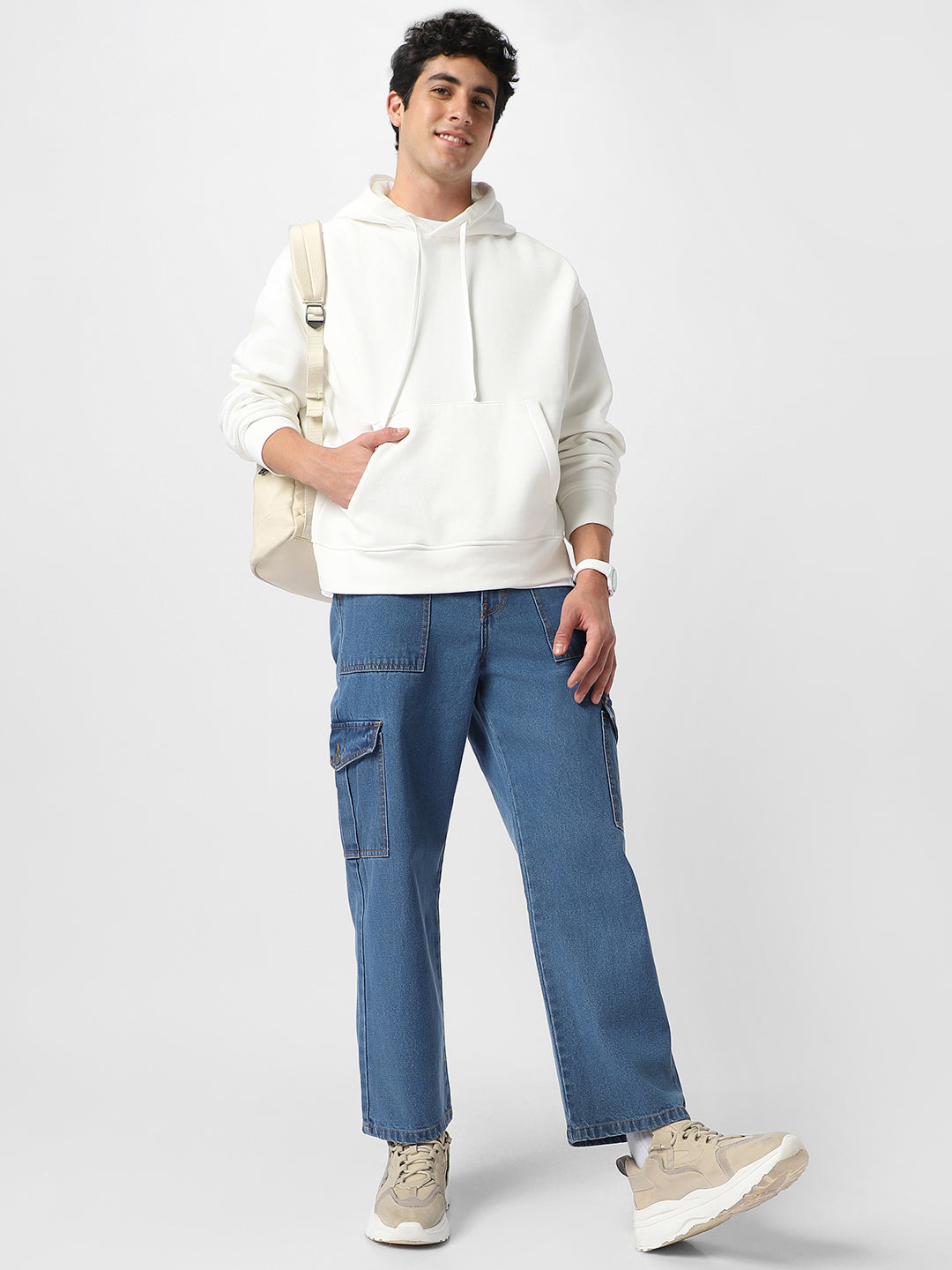 Men's Light Blue Loose Fit Cargo Jeans with 6 Pockets Non-Stretchable