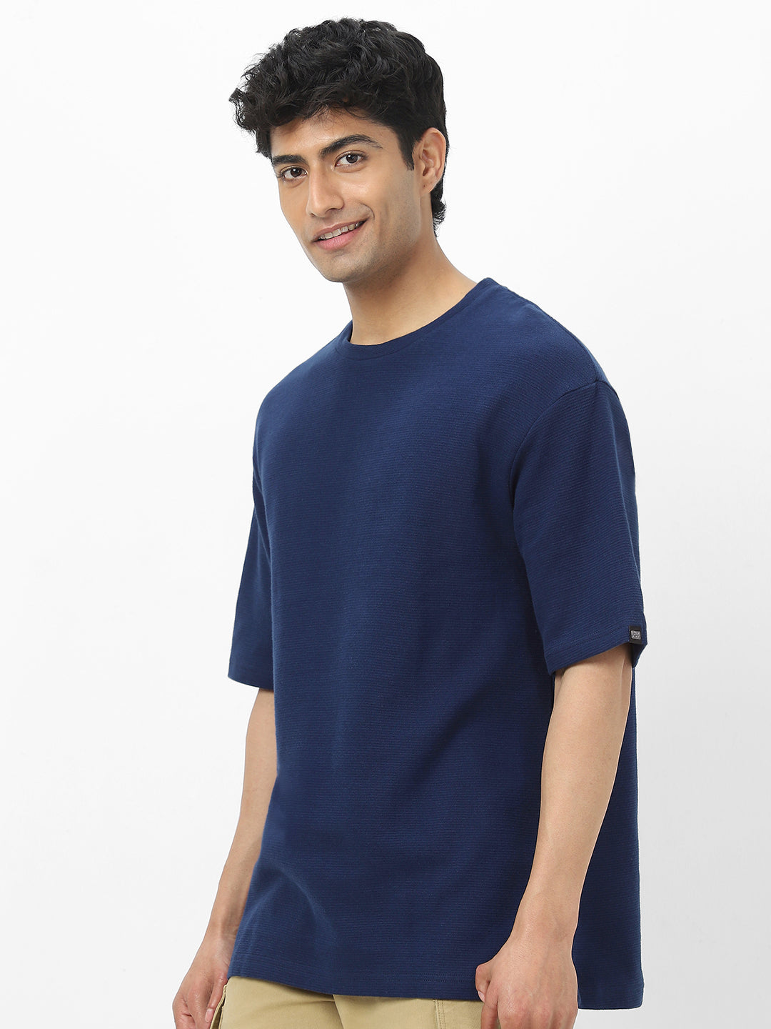 Men's Navy Textured Round Neck Oversized Half Sleeve Cotton T-Shirt