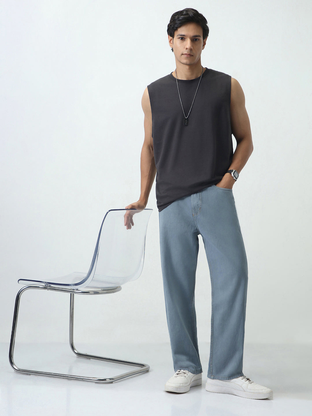 Men's Light Grey Loose Fit Washed Jeans Non-Stretchable