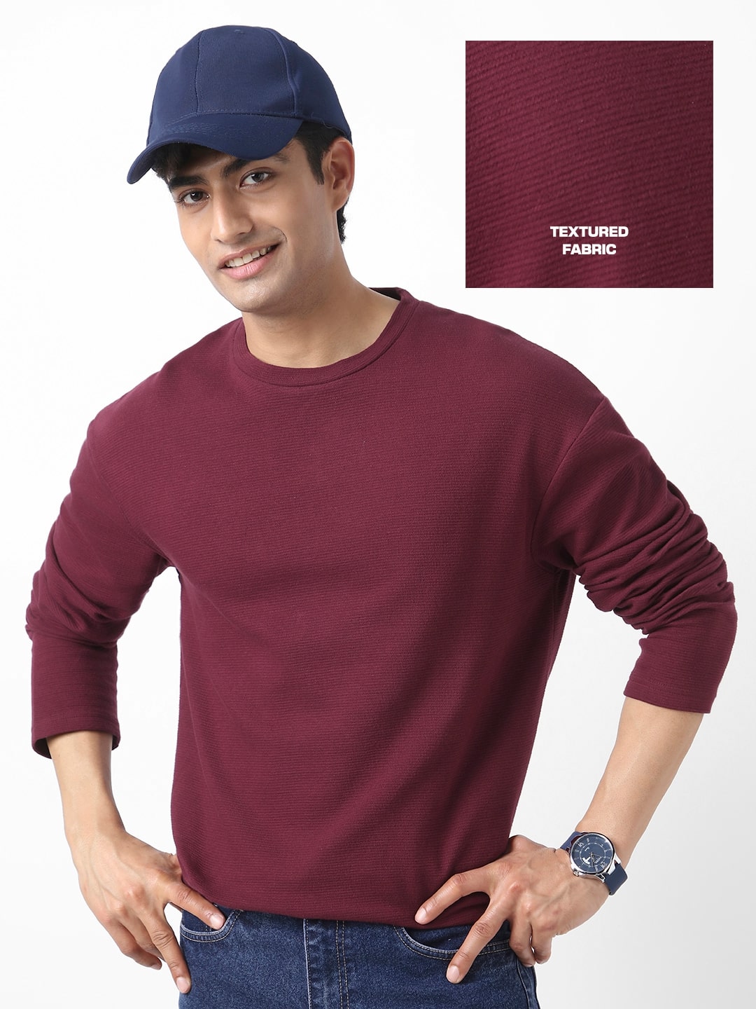 Men's Plum Textured Round Neck Oversized Full Sleeve Cotton T-Shirt