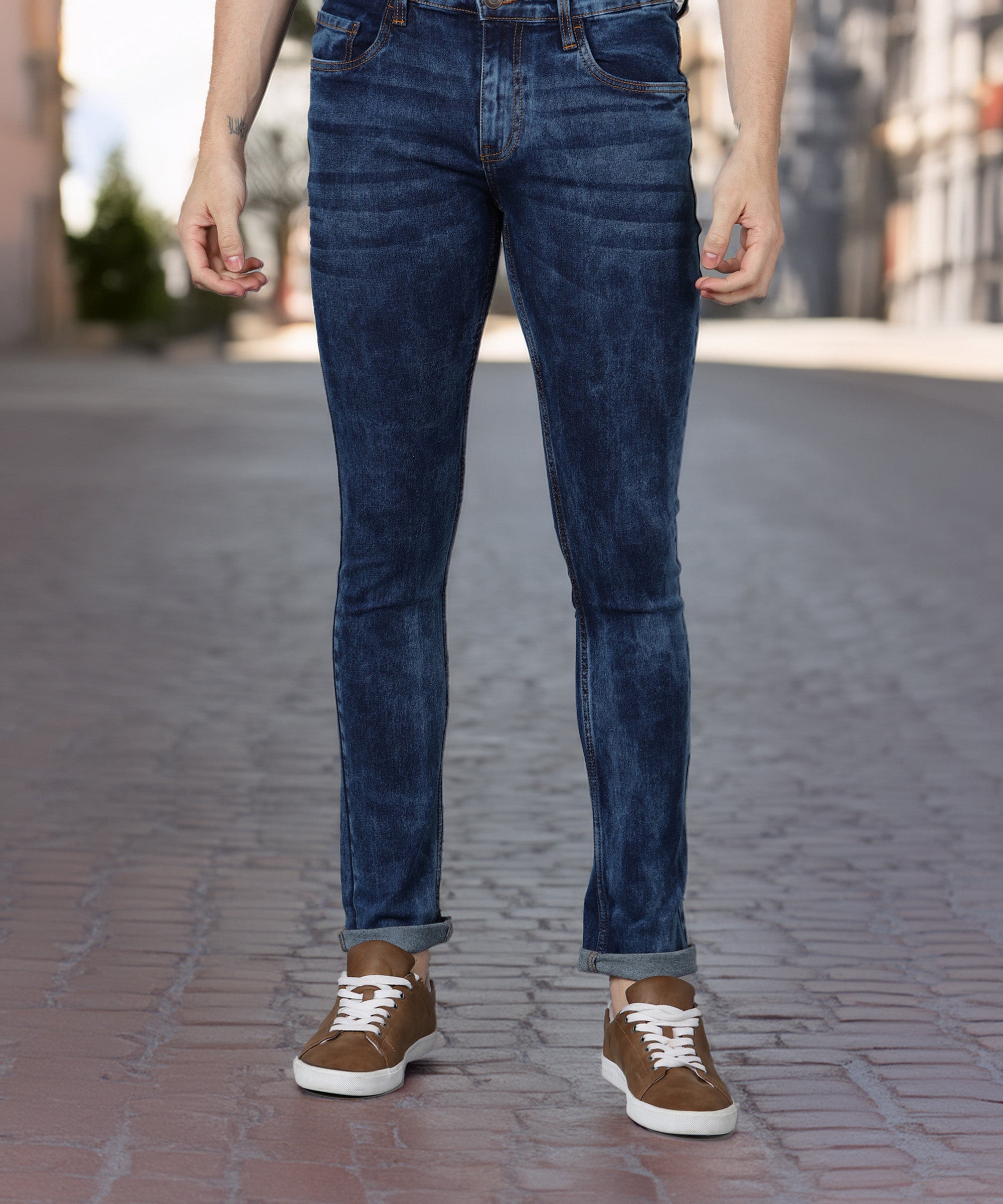Men's Blue Skinny Fit Washed Jeans Stretchable
