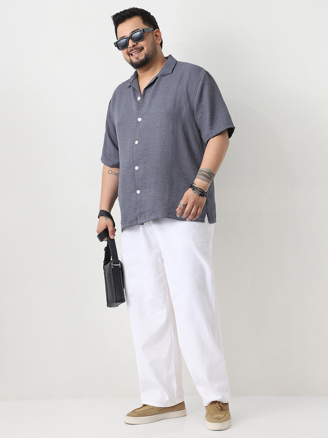 Plus Men's Slate Blue Cotton Half Sleeve Oversized Fit Textured Shirt with Cuban Collar