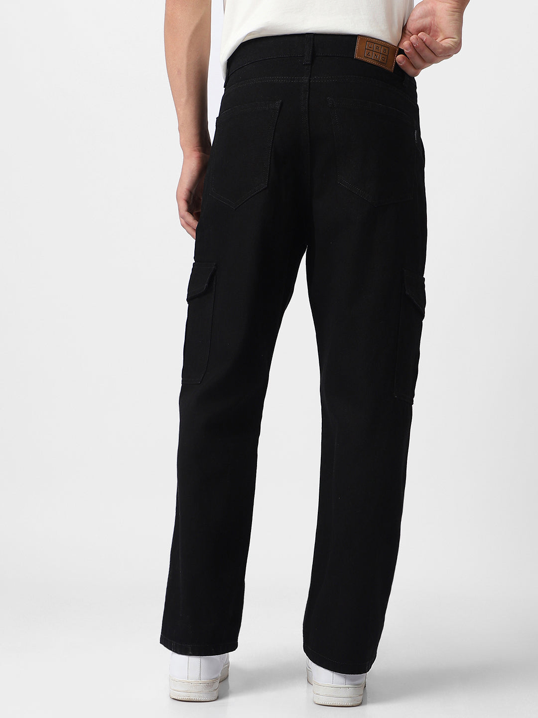 Men's Black Loose Fit Cargo Jeans with 6 Pockets Non-Stretchable