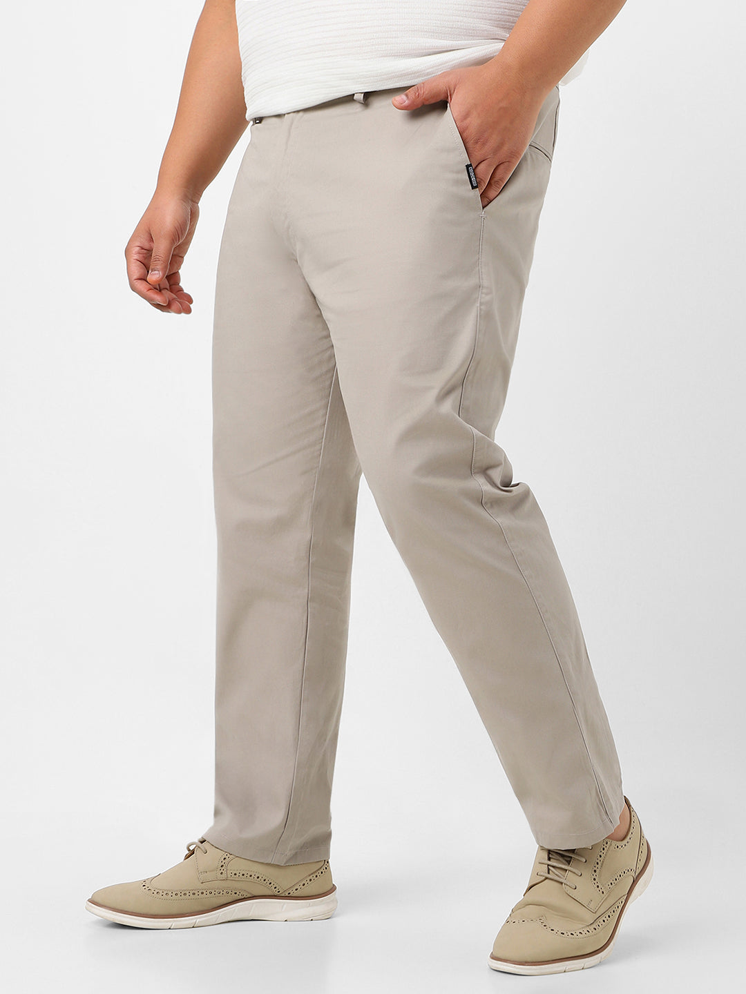 Plus Men's Grey Cotton Regular Fit Casual Chinos Trousers
