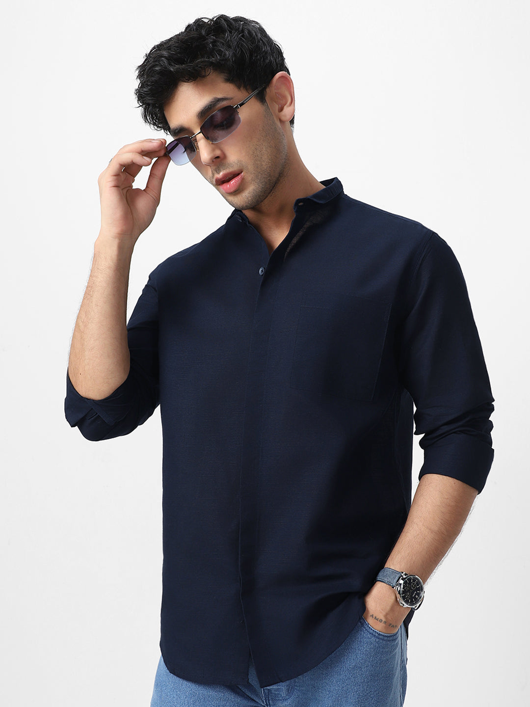 Men's Navy Cotton Full Sleeve Regular Fit Casual Solid Shirt with Band Collar