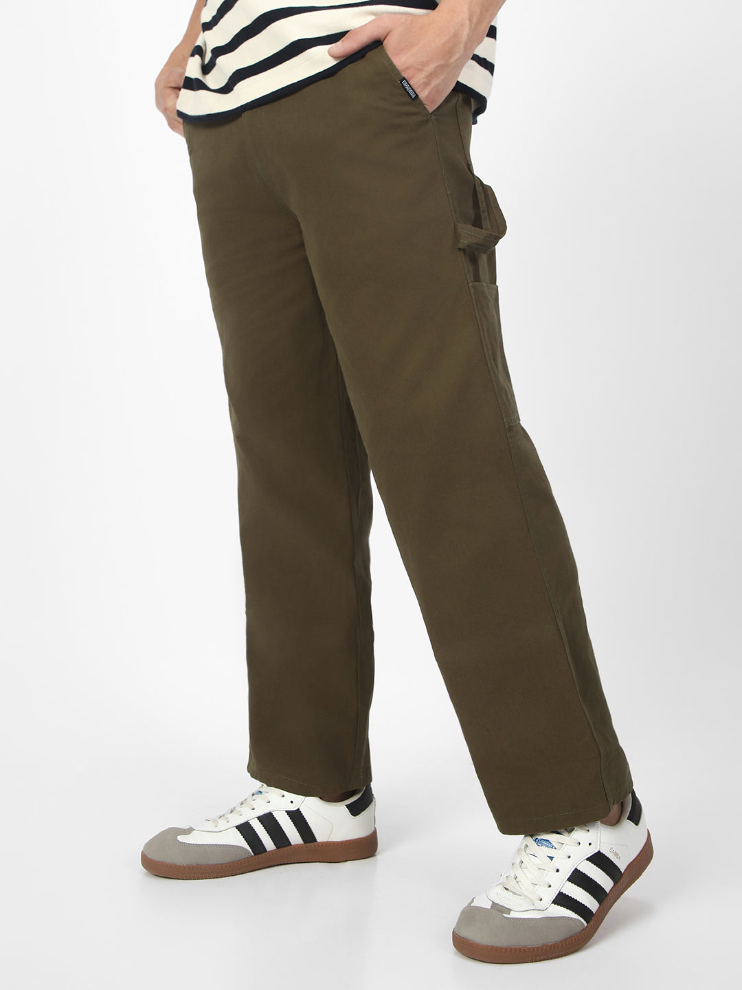 Men's Olive Loose Baggy Fit Solid Carpenter Trouser Pant with 5 Pockets Non-Stretchable