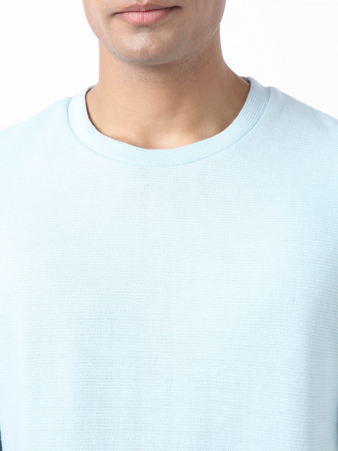 Men's Pastel Blue Textured Round Neck Oversized Half Sleeve Cotton T-Shirt