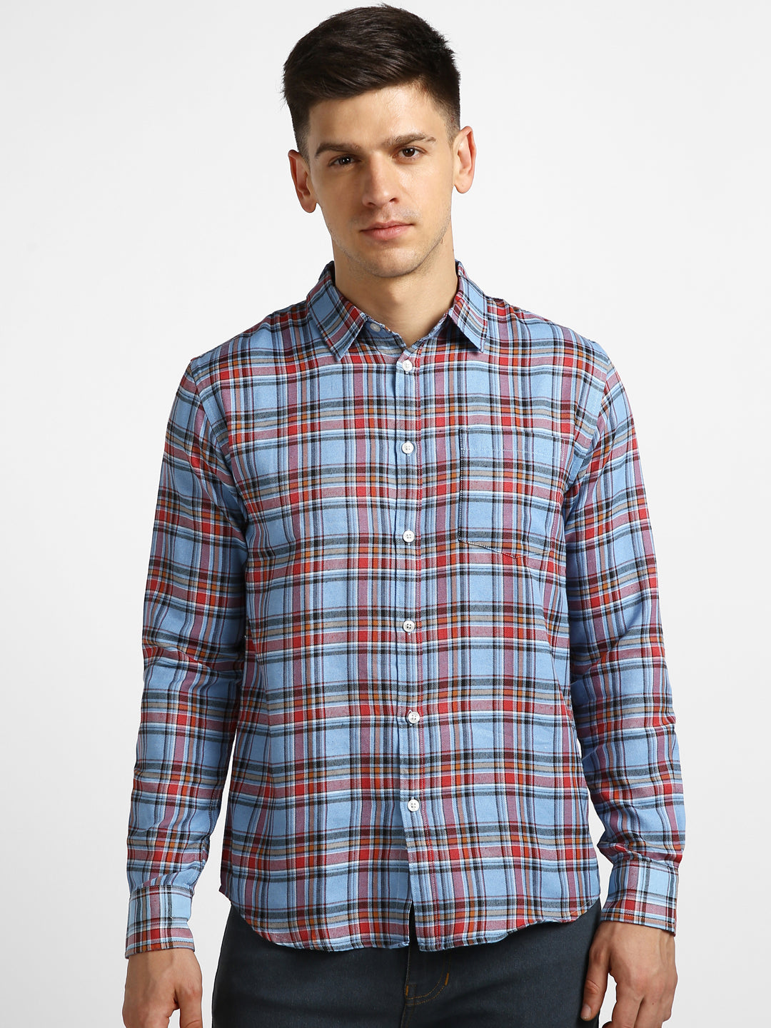 Men's Light Blue Cotton Full Sleeve Slim Fit Casual Checkered Shirt