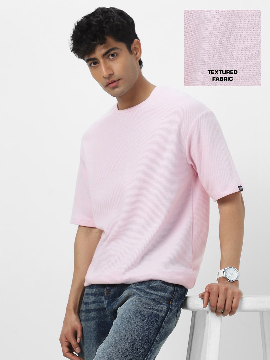 Men's Lavender Textured Round Neck Oversized Half Sleeve Cotton T-Shirt