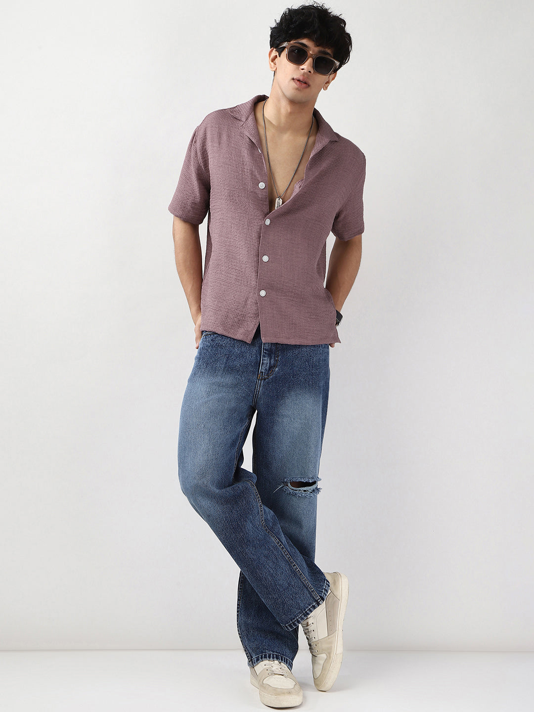 Men's Purple Cotton Half Sleeve Oversized Fit Textured Shirt with Cuban Collar