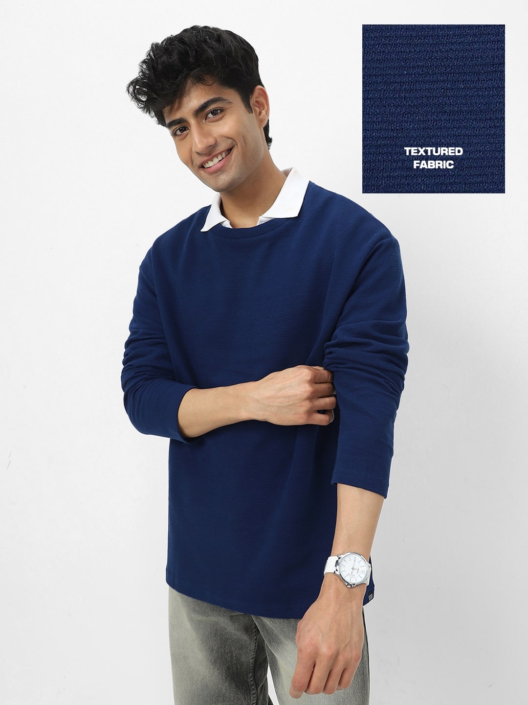 Men's Navy Textured Round Neck Oversized Full Sleeve Cotton T-Shirt