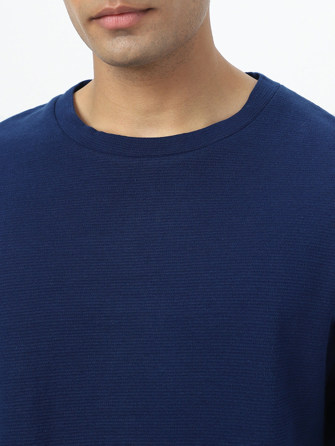 Men's Navy Textured Round Neck Oversized Full Sleeve Cotton T-Shirt