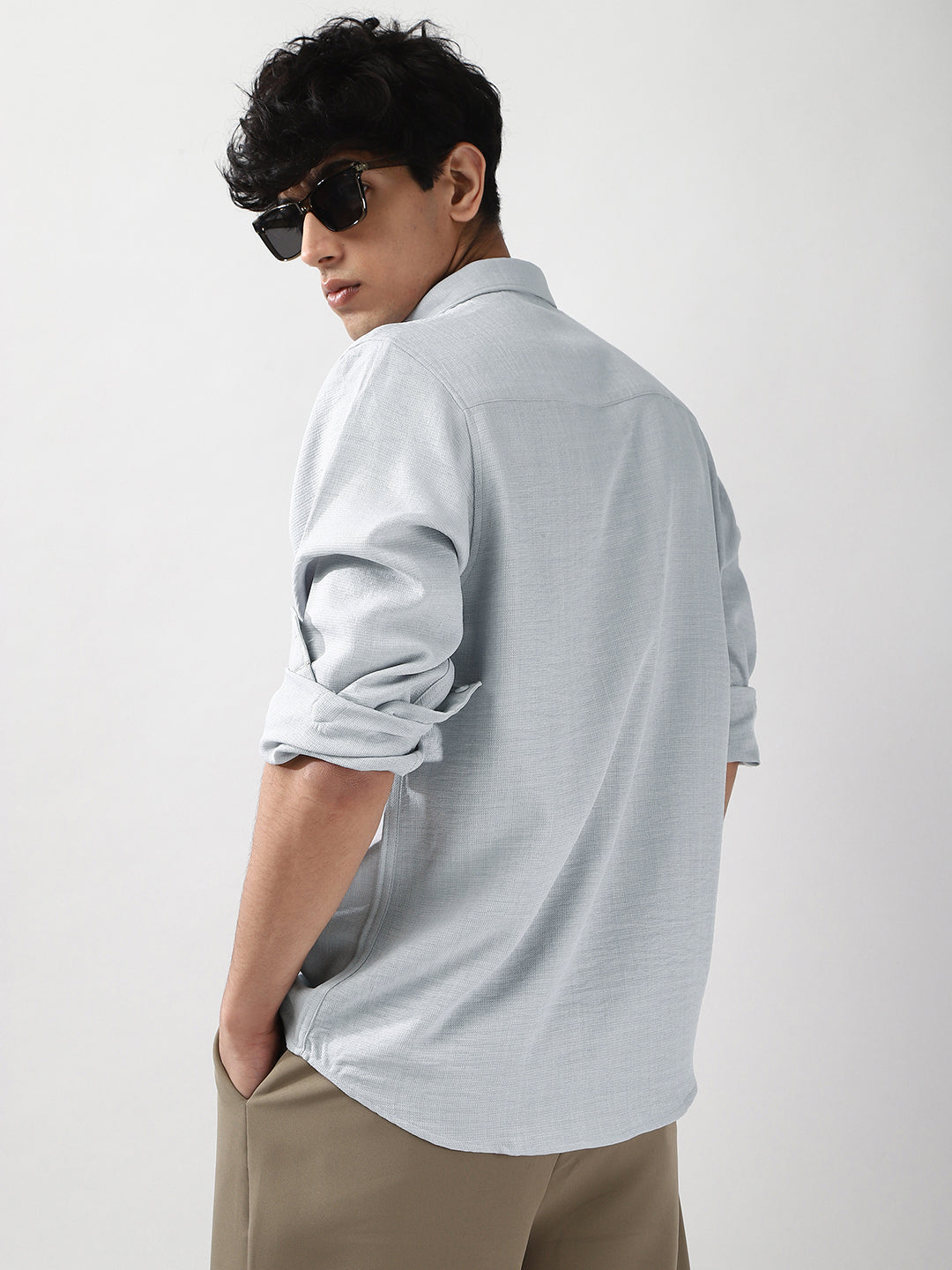 Men's Light Grey Linen Blend Full Sleeve Relaxed Fit Casual Solid Shirt